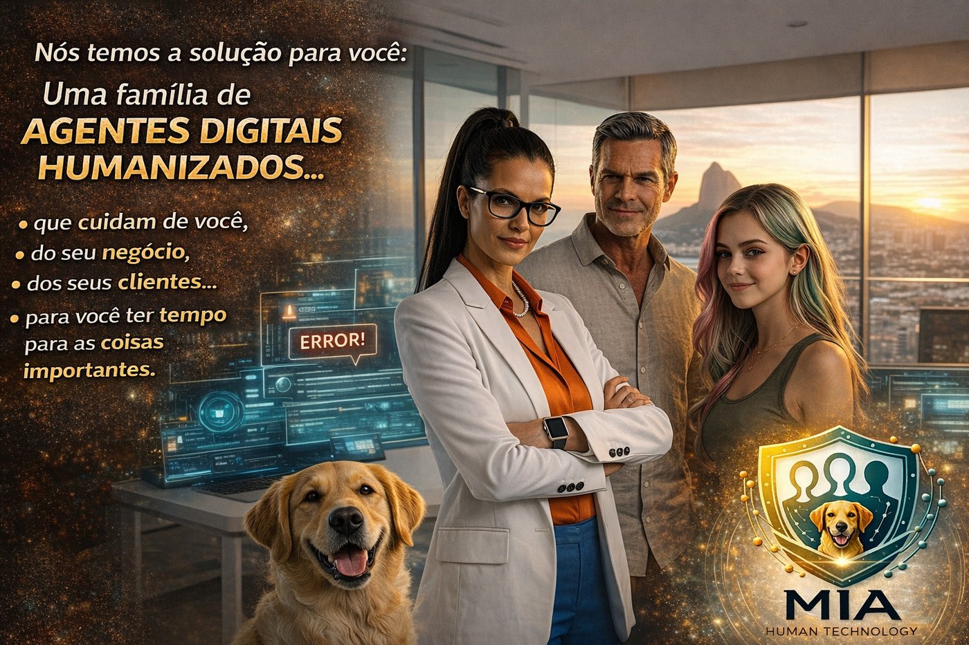 Família de agentes digitais MIA — MAISA, MARIO e MAIA com a Tecnologia Humana